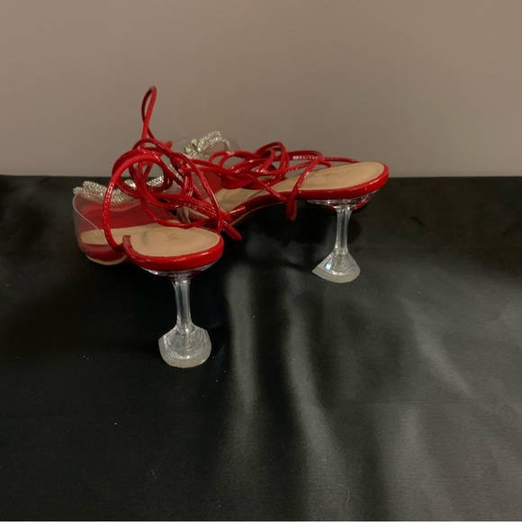 Square toe bow rhinestone clear lace up heels - Picture 4 of 7